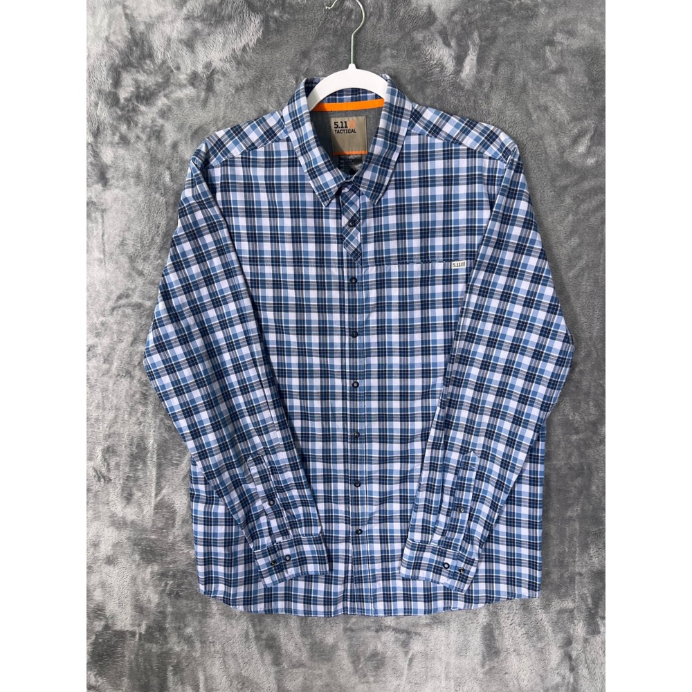5.11 Tactical Mens Medium Blue Plaid Long Sleeve Button Down Shirt Pocket